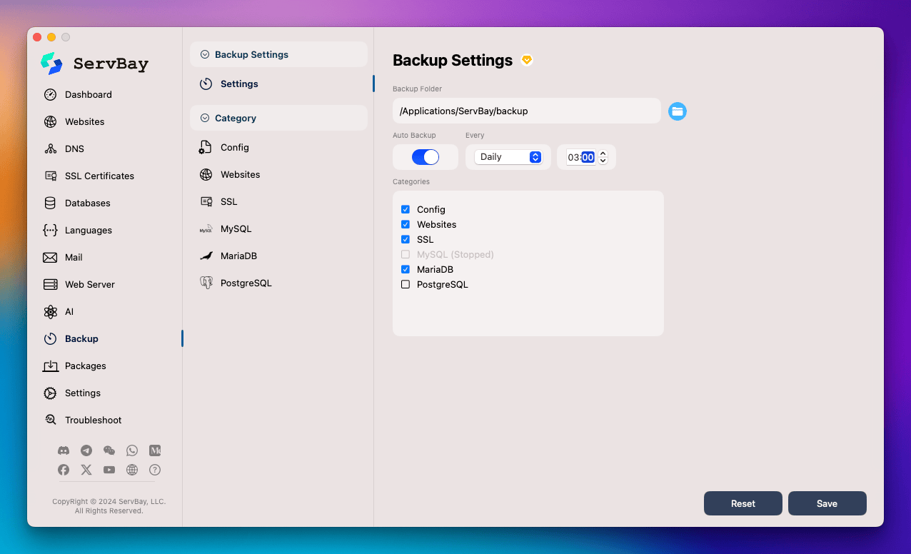 ServBay Backup Settings