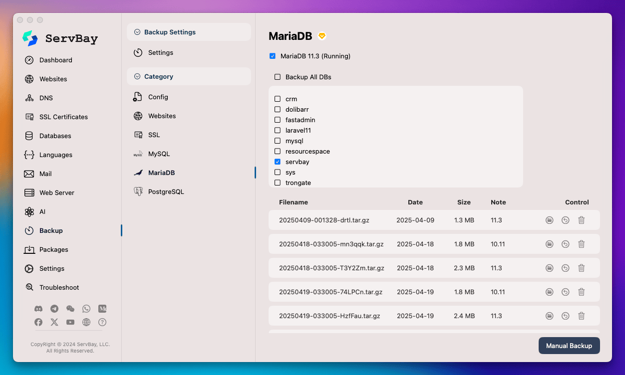 ServBay MariaDB Manual Backup