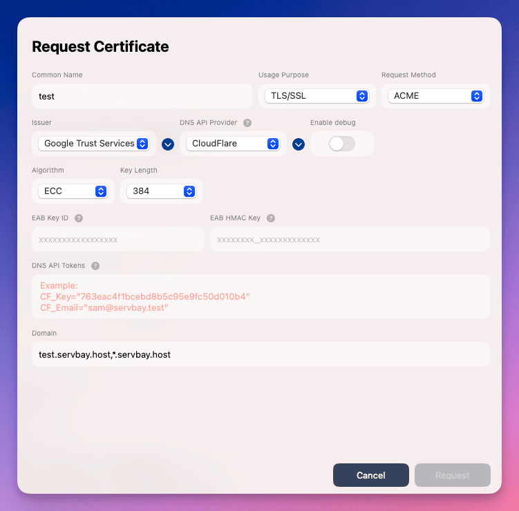 Fill in the Google Trust Services certificate request information
