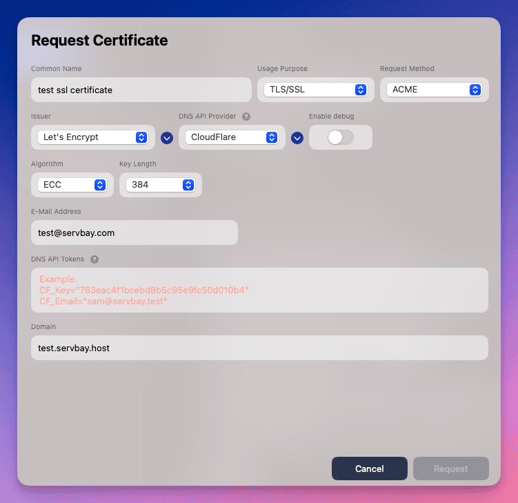 ServBay Let's Encrypt certificate request window