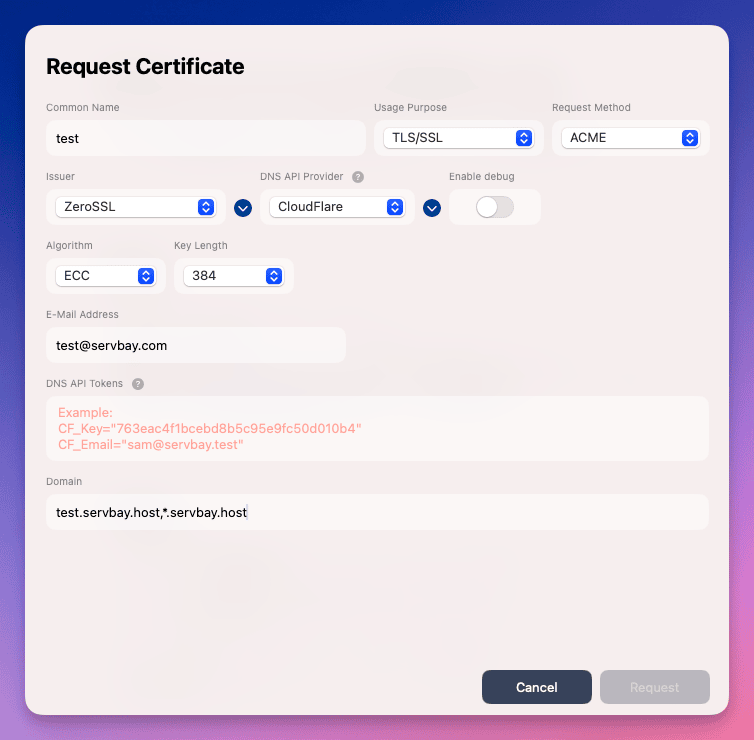 ServBay ZeroSSL Certificate Request Window