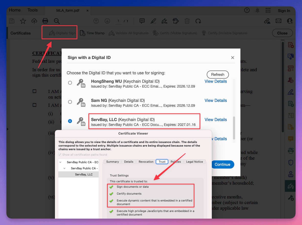在 Adobe Acrobat 中导入并使用文档签名证书