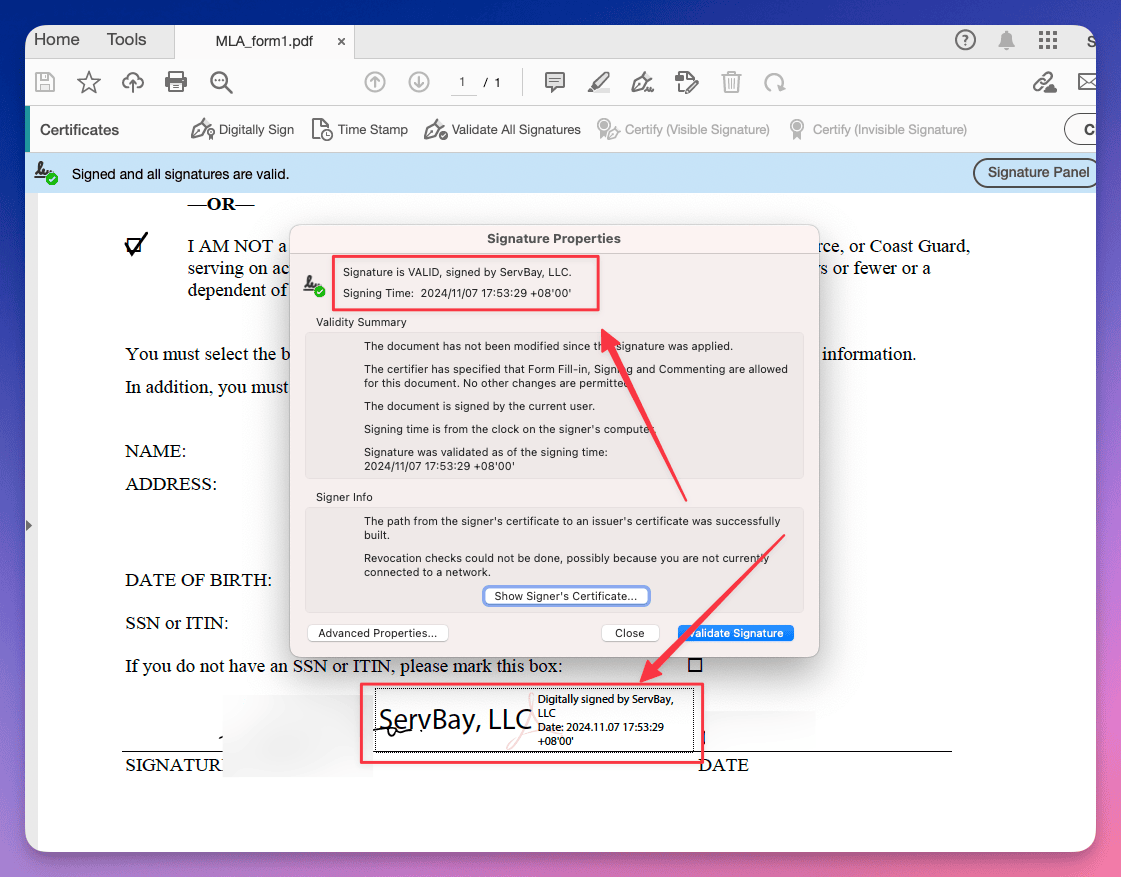 使用数字证书签名后的文档示例