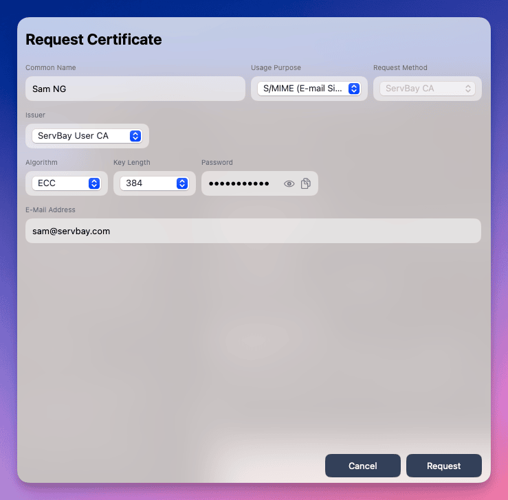 ServBay Apply S/MIME Email Signature Certificate Interface