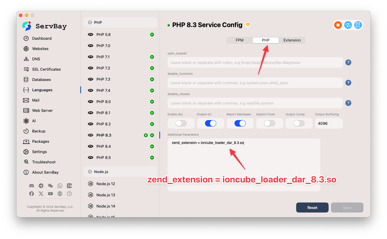 ServBay PHP Additional Parameters Configuration