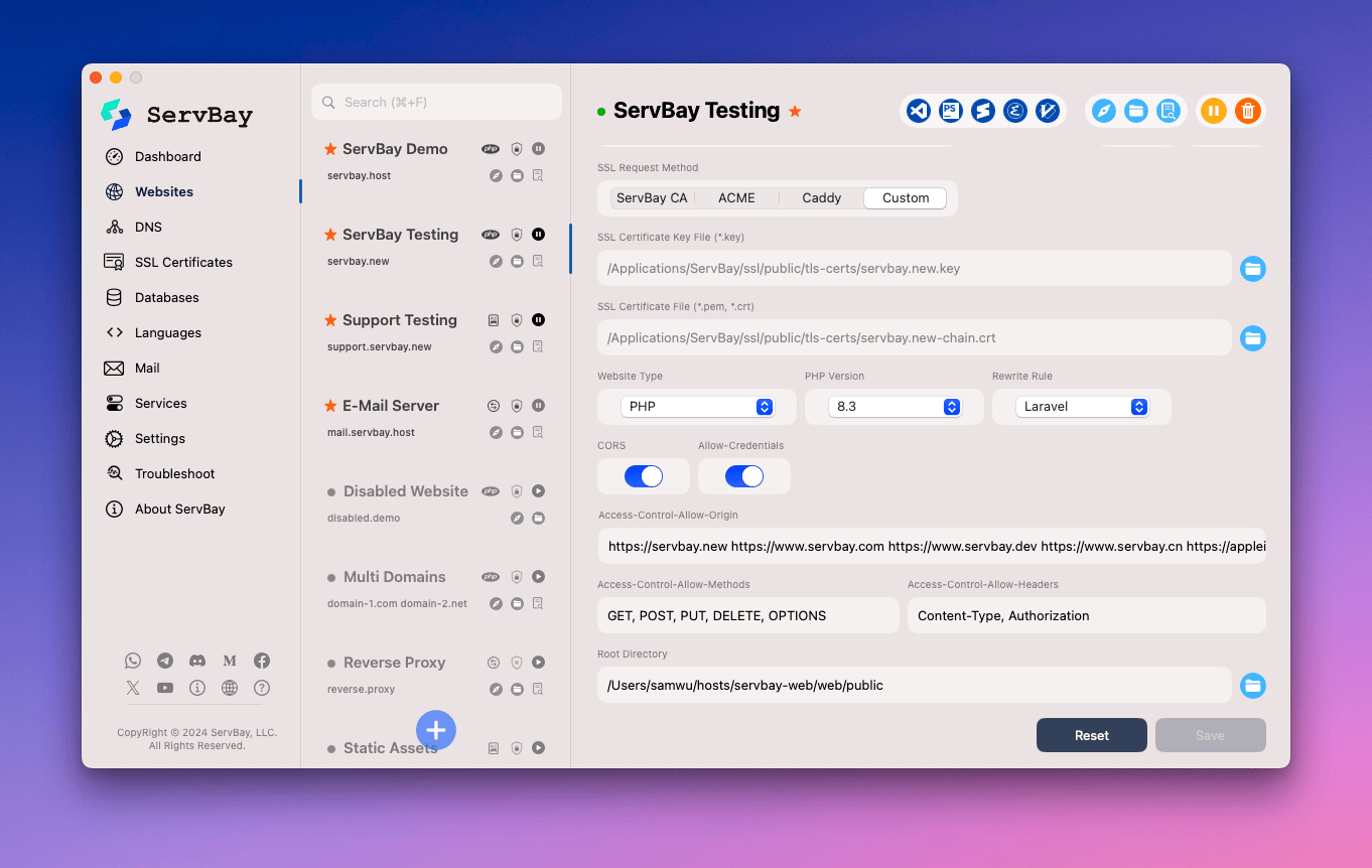 ServBay CORS configuration example screenshot