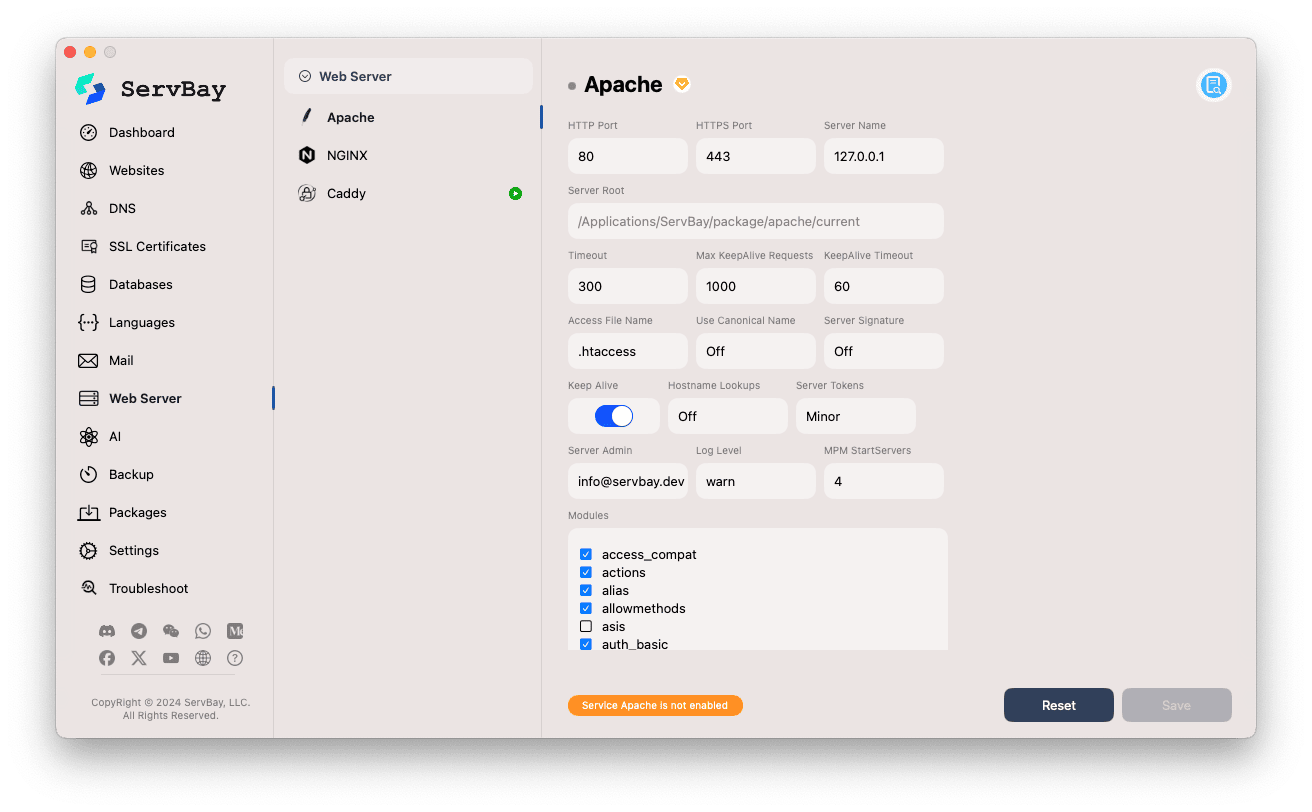 ServBay Apache configuration interface