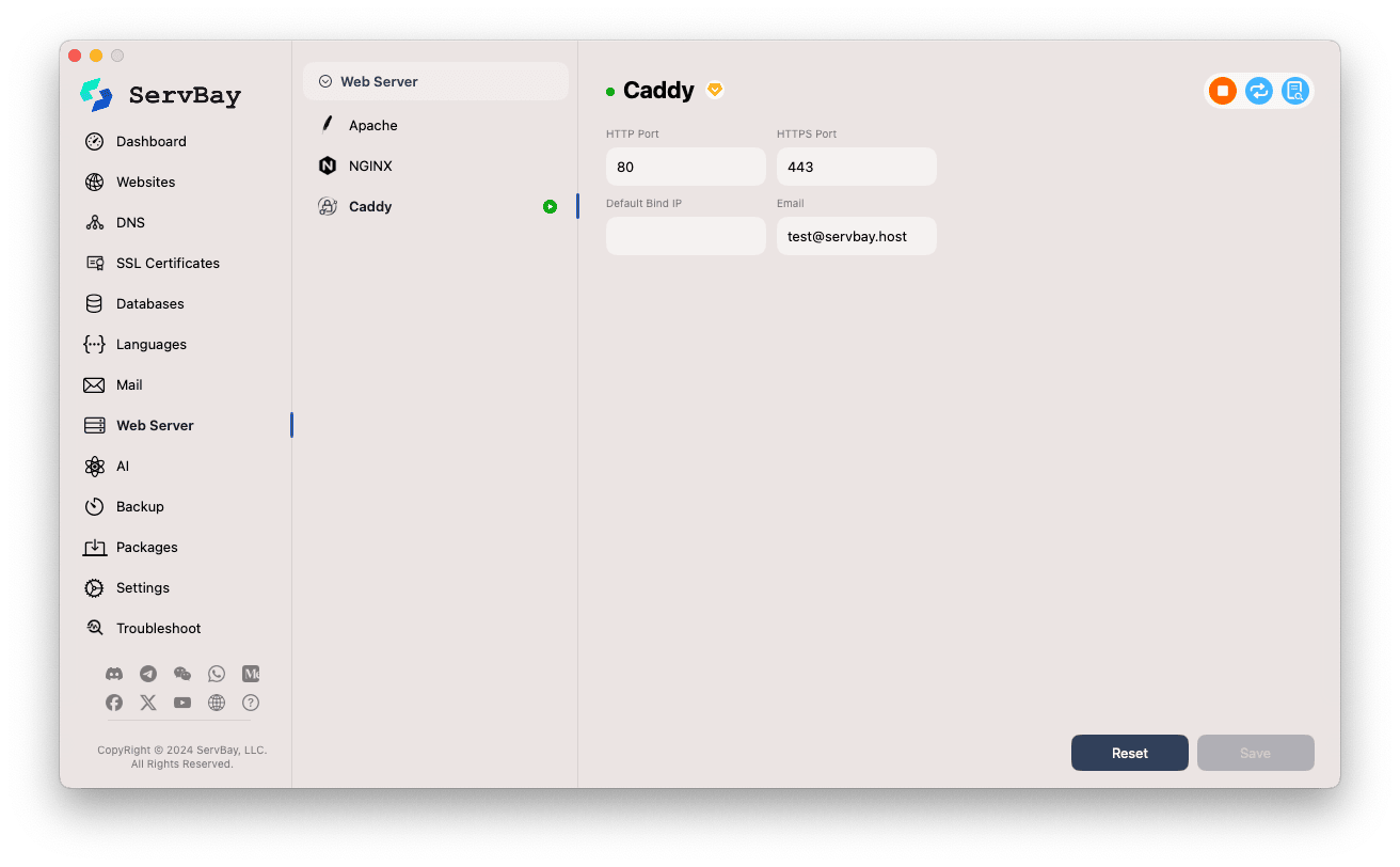 ServBay Caddy configuration interface