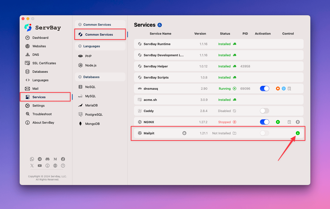 How to install the Mailpit package in ServBay