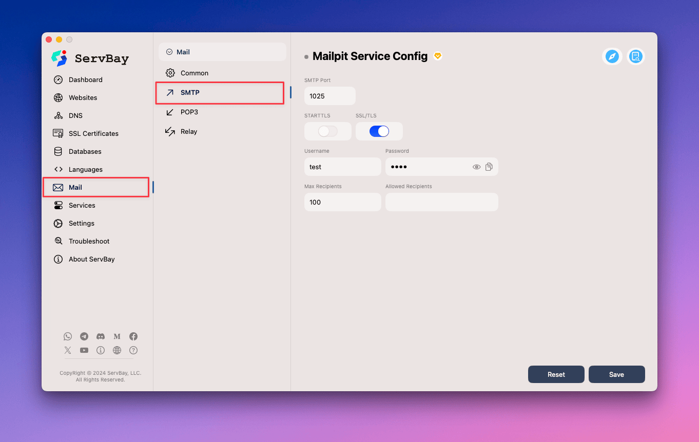 SMTP service configuration in Mailpit