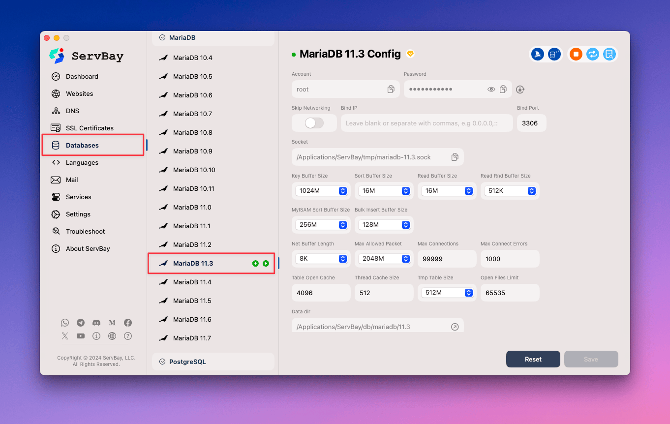 Modify MariaDB Settings via the ServBay UI