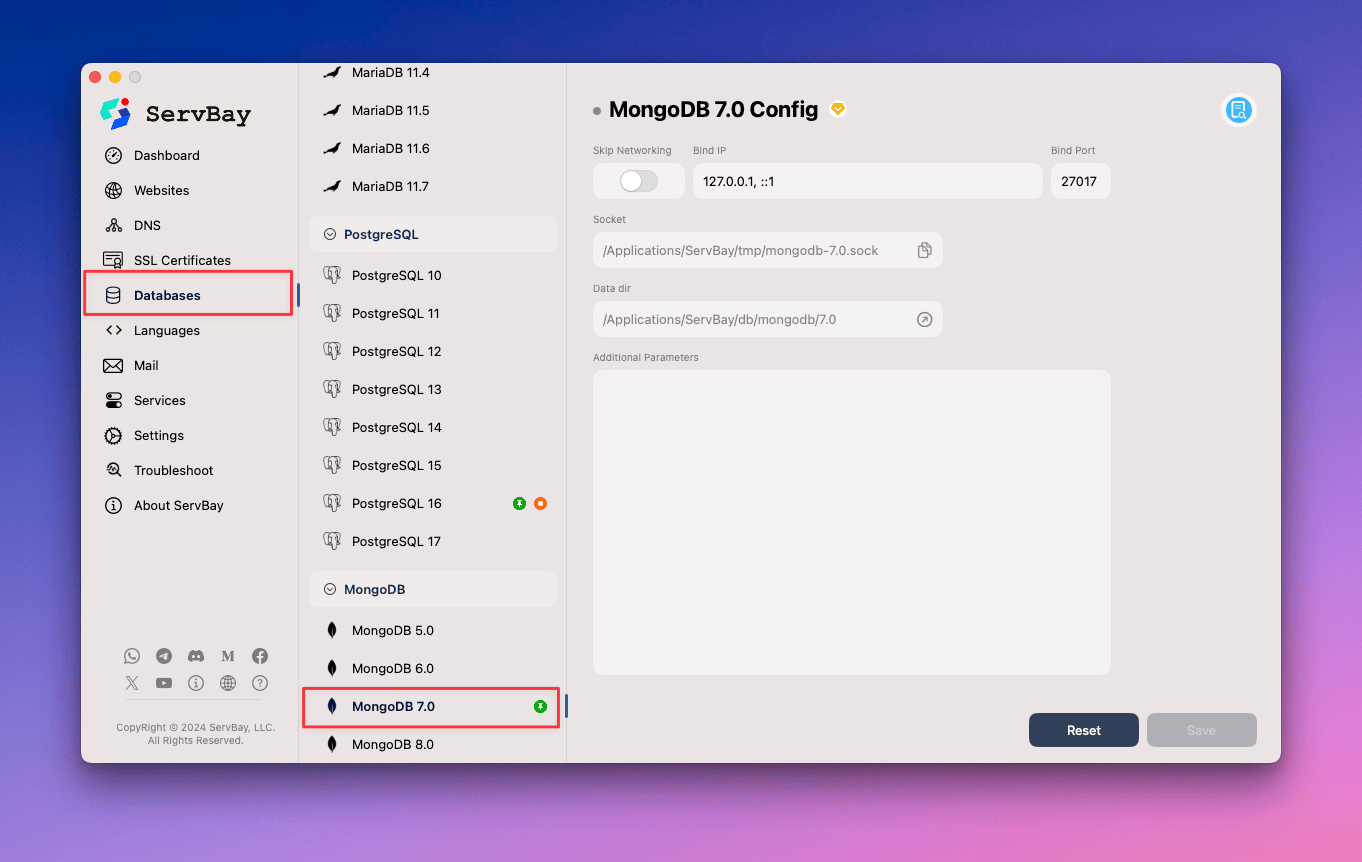 Graphical interface for modifying MongoDB settings in ServBay