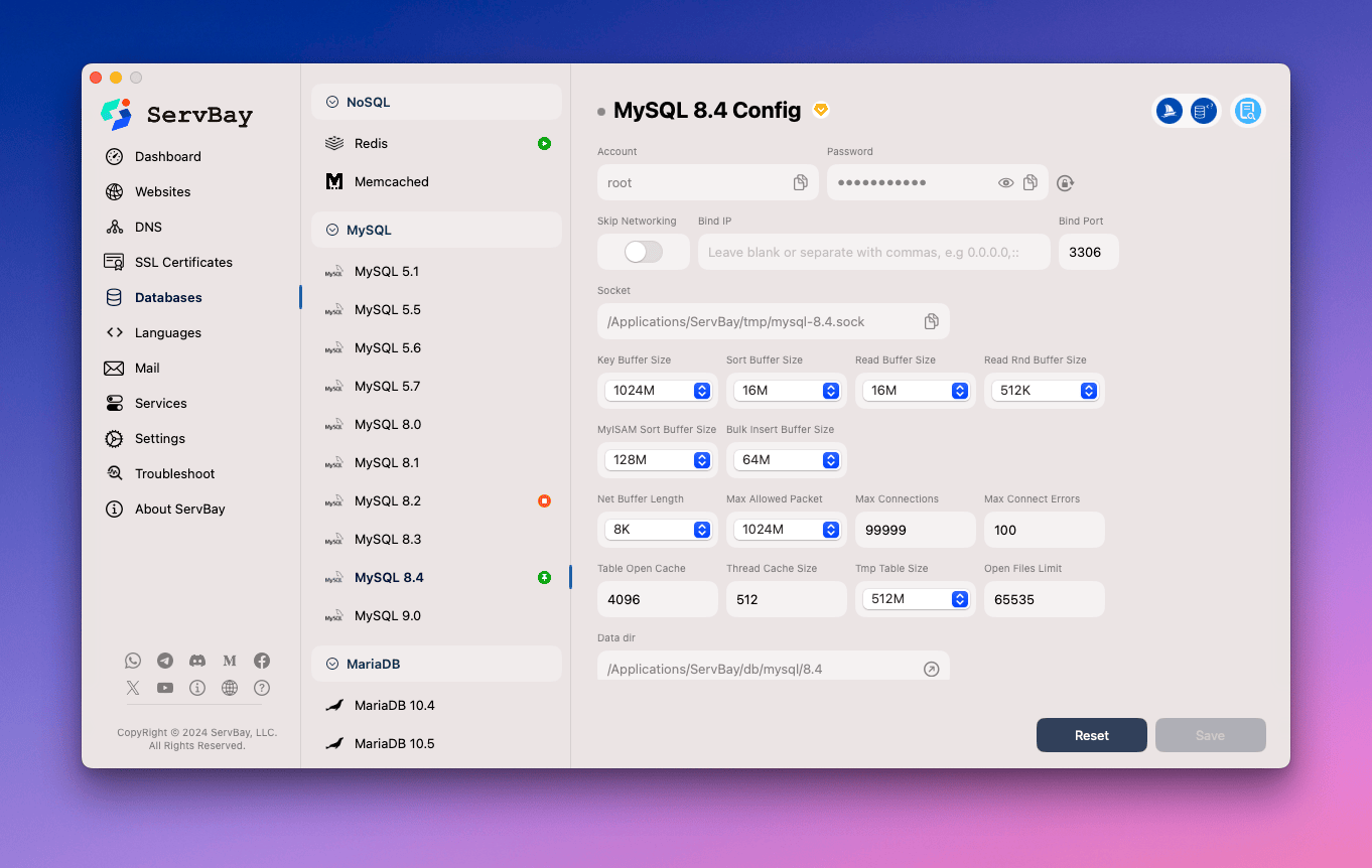 Modify MySQL settings via graphical interface