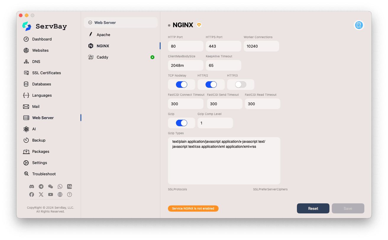 ServBay Nginx Configuration Interface