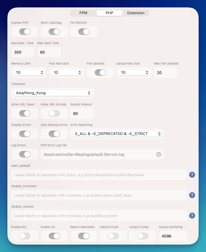 php.ini configuration interface