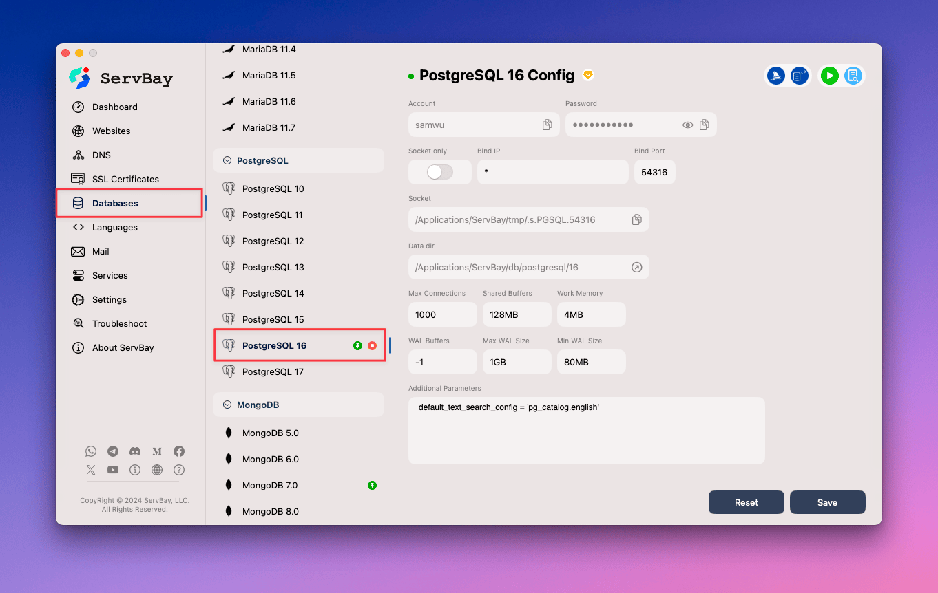 Example of ServBay UI for modifying PostgreSQL settings