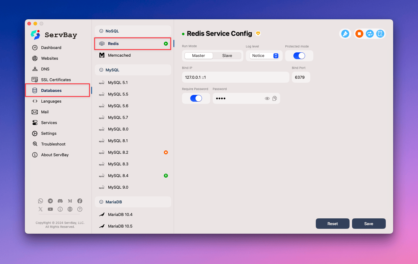 Modify Redis settings and set access password via ServBay UI