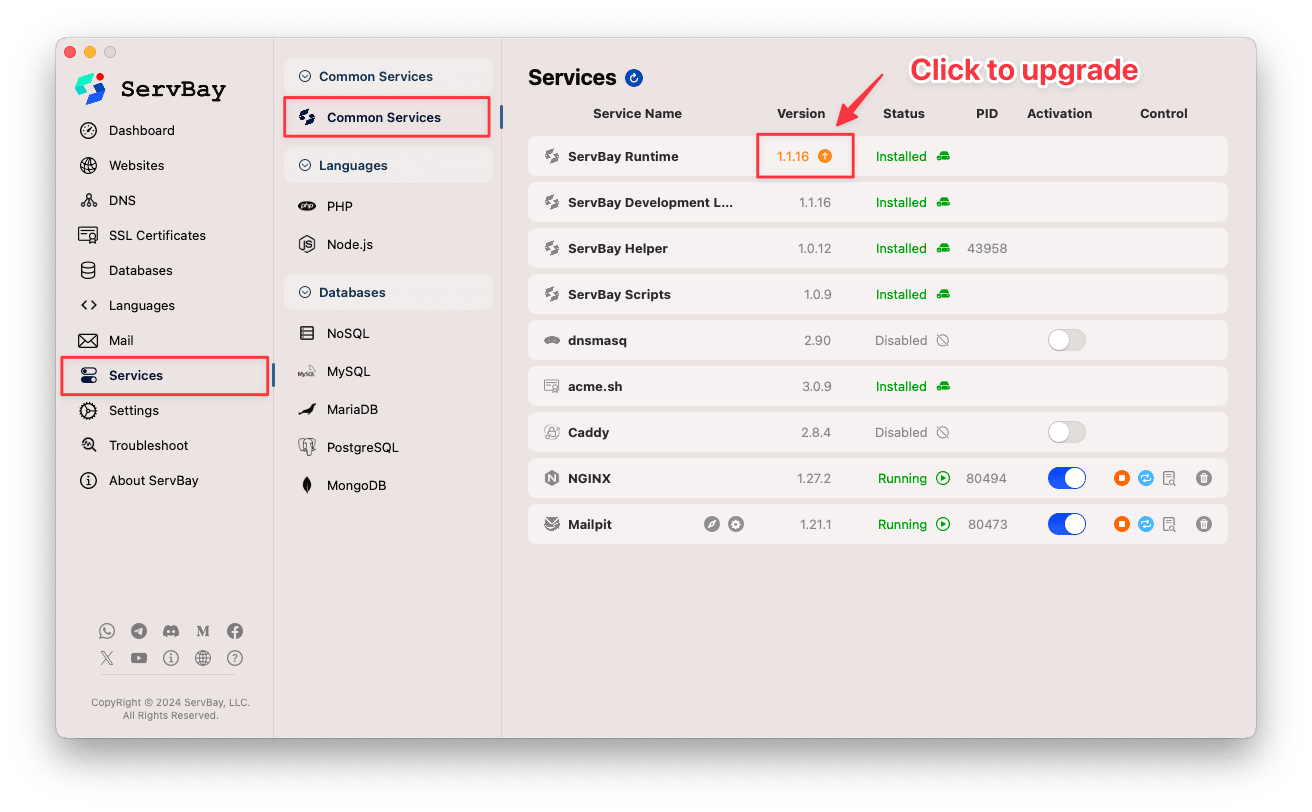 How to upgrade ServBay Runtime