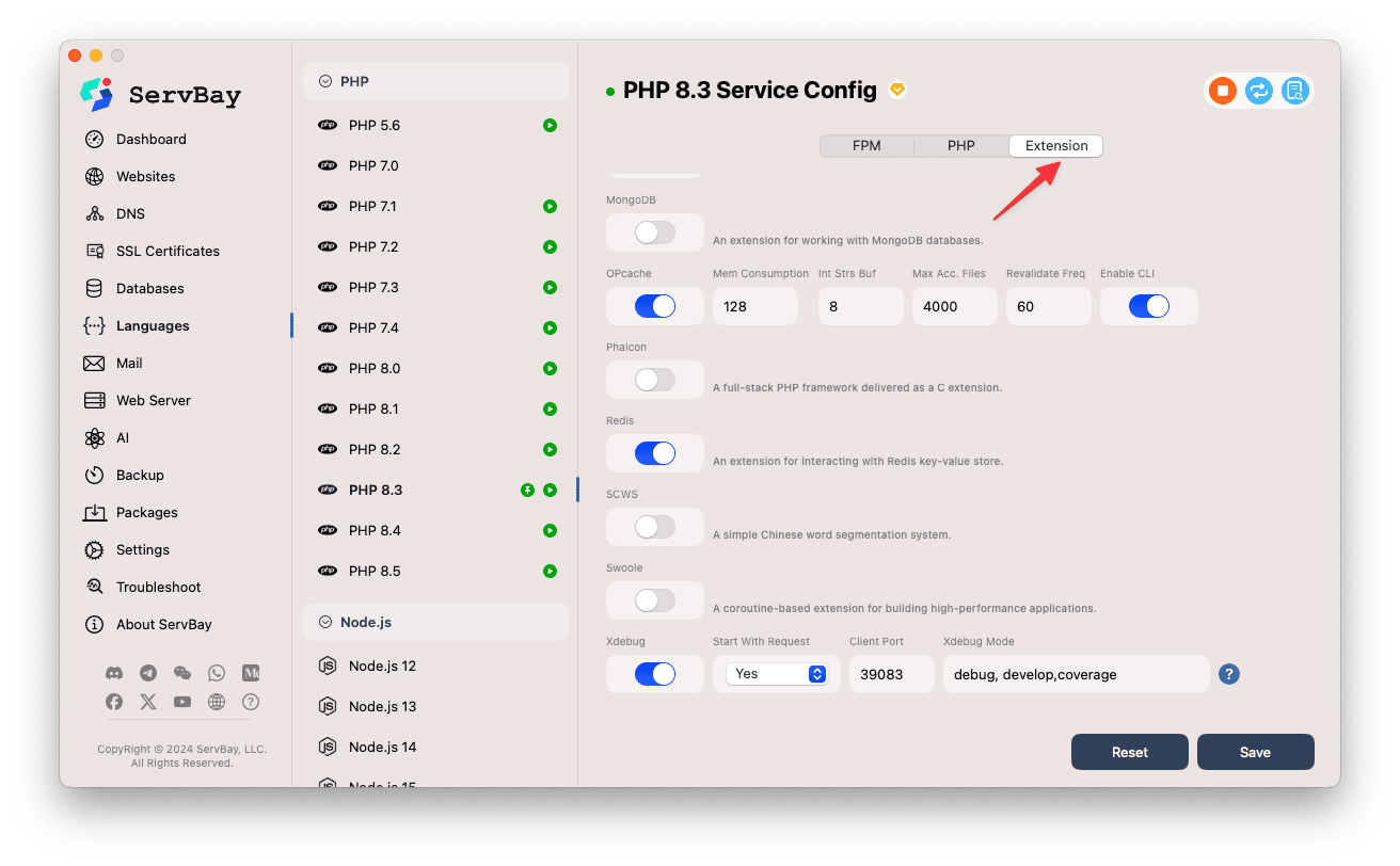 ServBay PHP Extension Tab