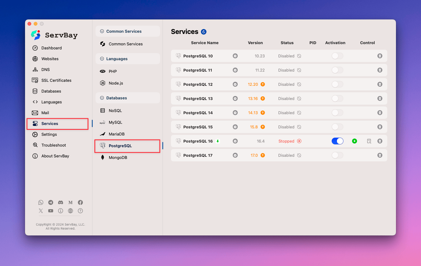 Installing PostgreSQL database in the ServBay UI