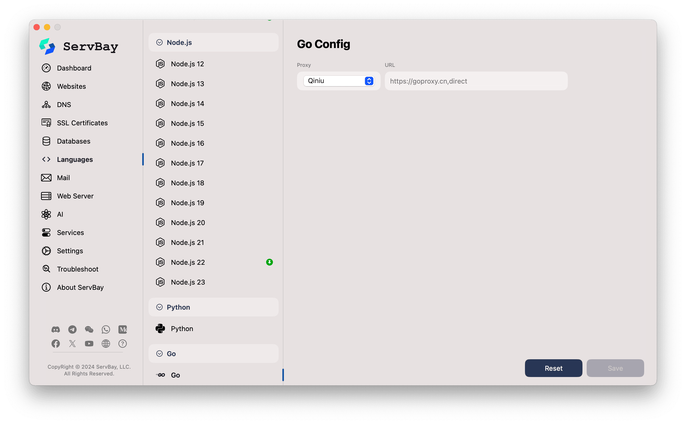 ServBay Go Module Mirror Configuration Screen