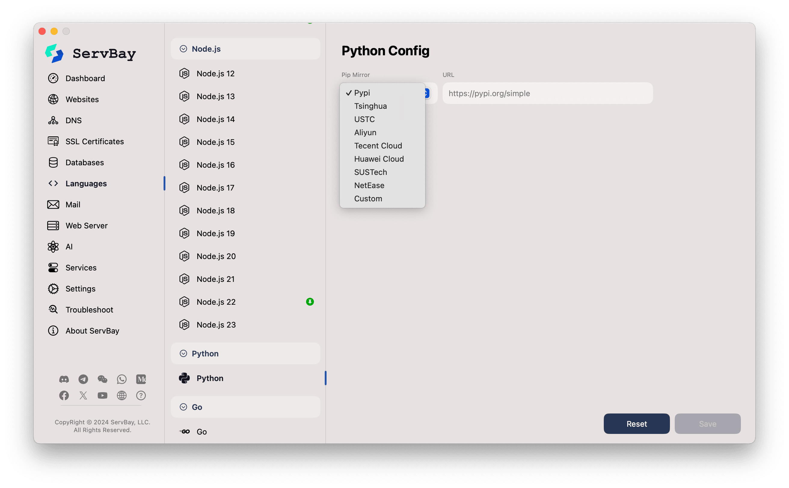 ServBay Python mirror configuration interface