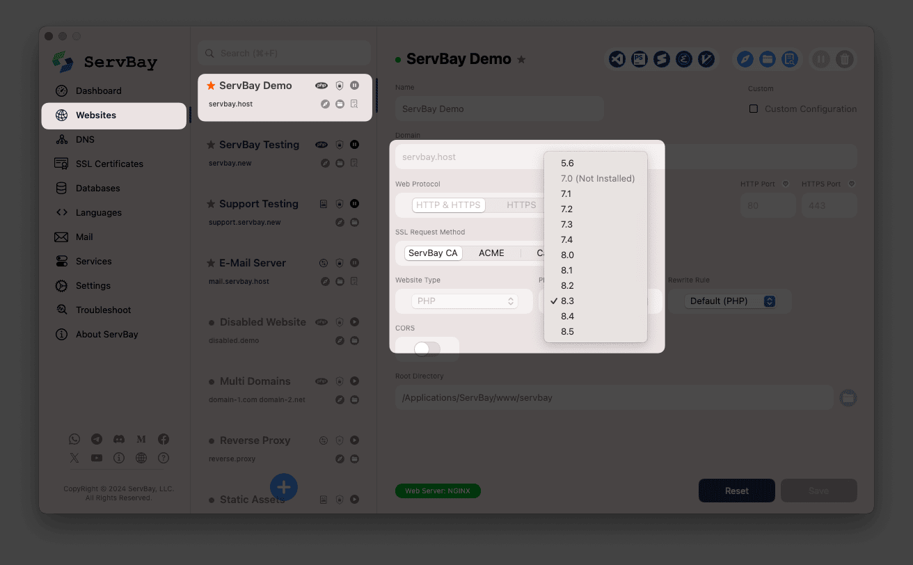 How to specify PHP runtime version for a website