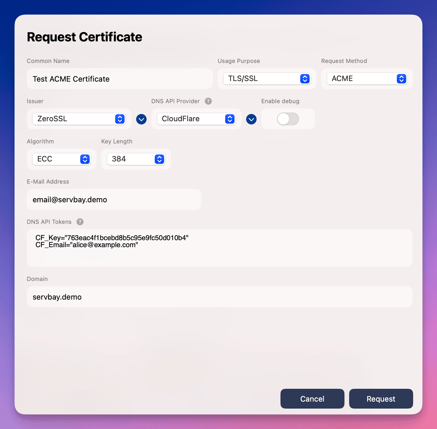 ServBay ACME certificate request screen