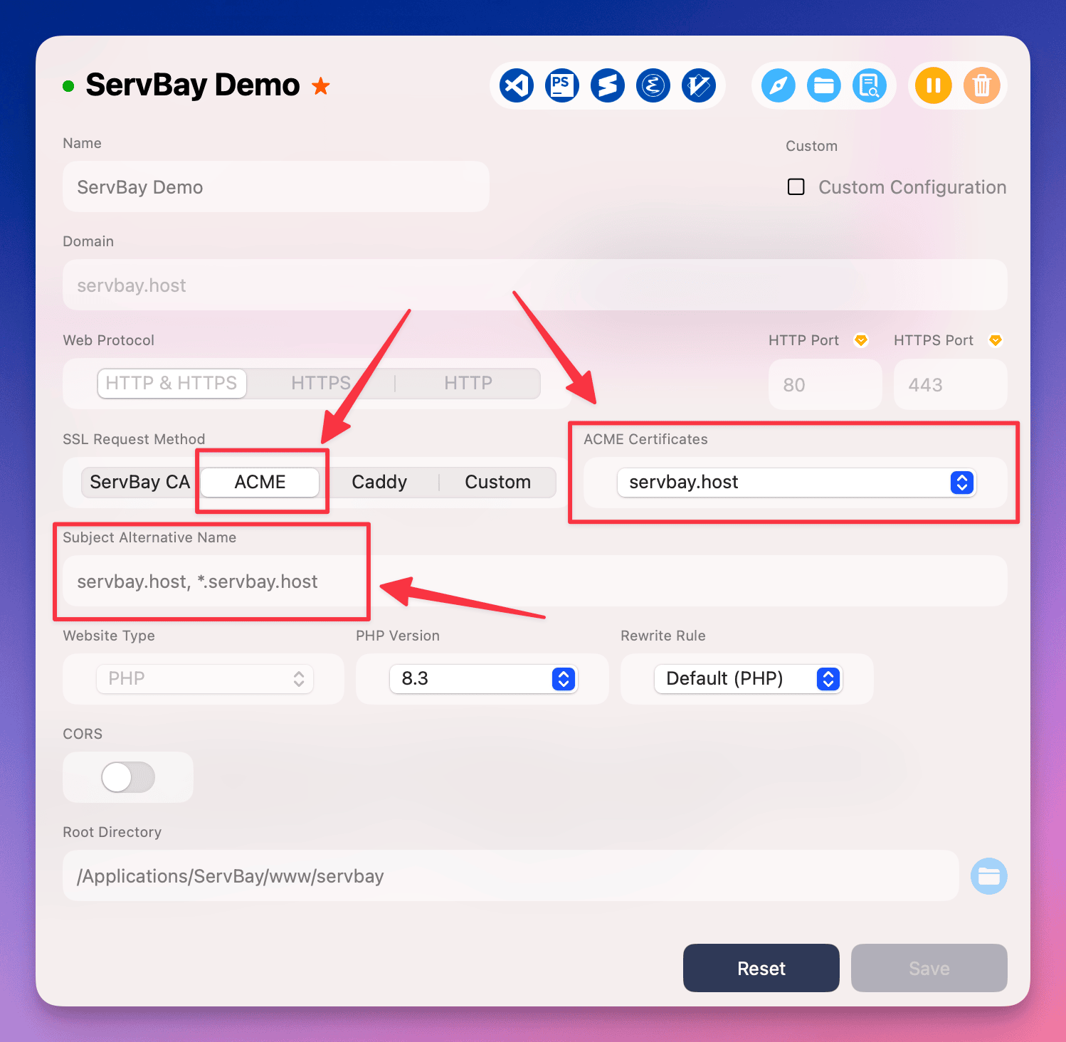Applying ACME SSL certificate in ServBay site configuration