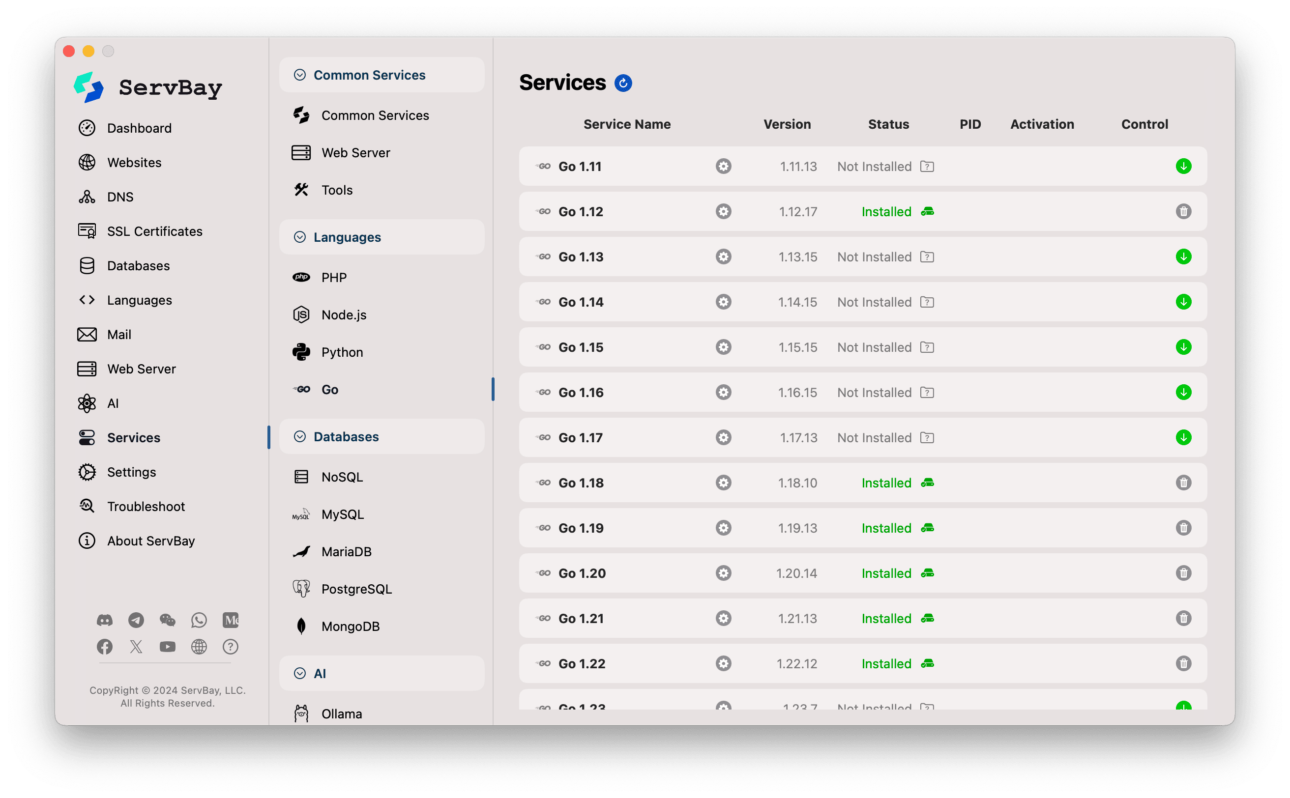 Choose and install a Go version in the ServBay GUI