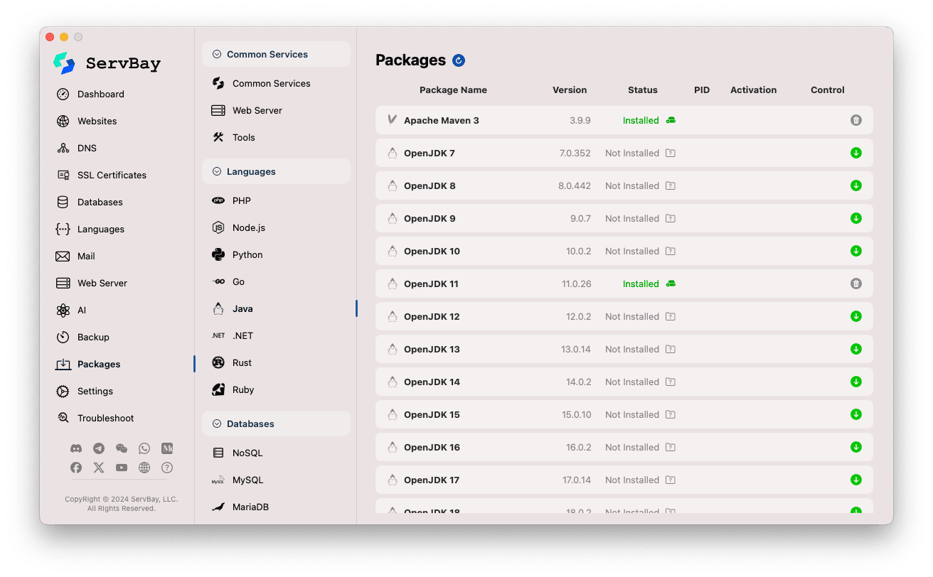ServBay Java Packages List