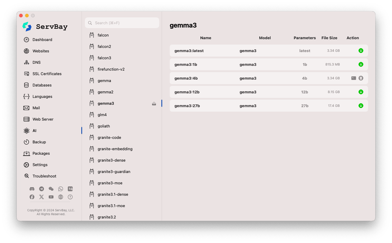 ServBay Settings - Ollama Models