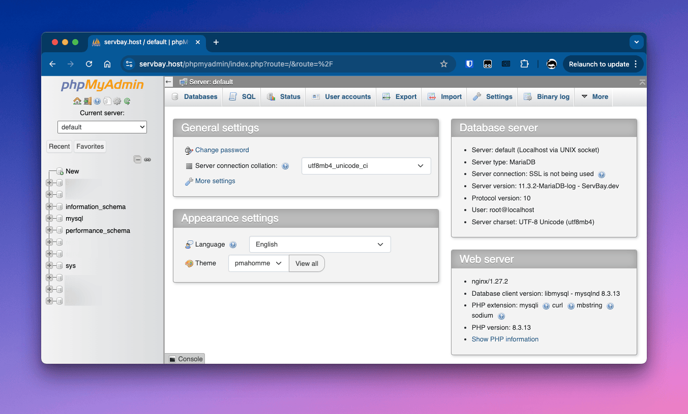Manage databases with phpMyAdmin