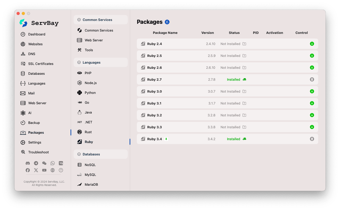 ServBay Ruby Packages List