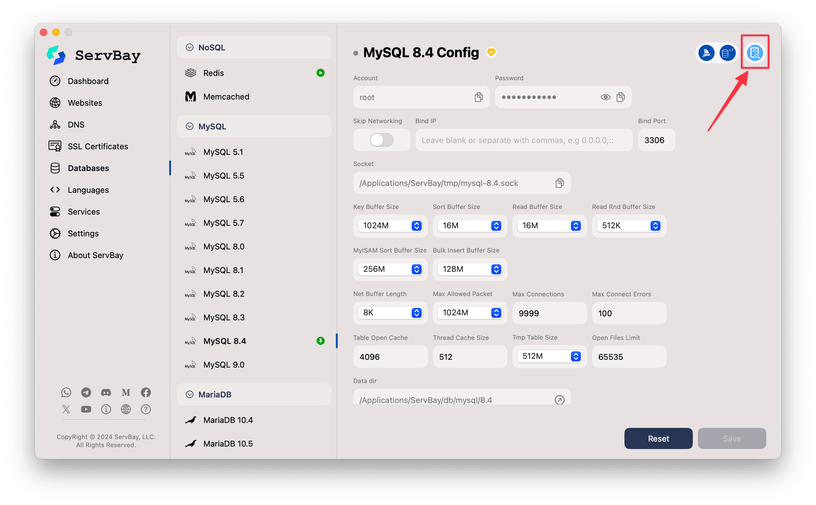 Click the log icon in the ServBay Package Configs panel