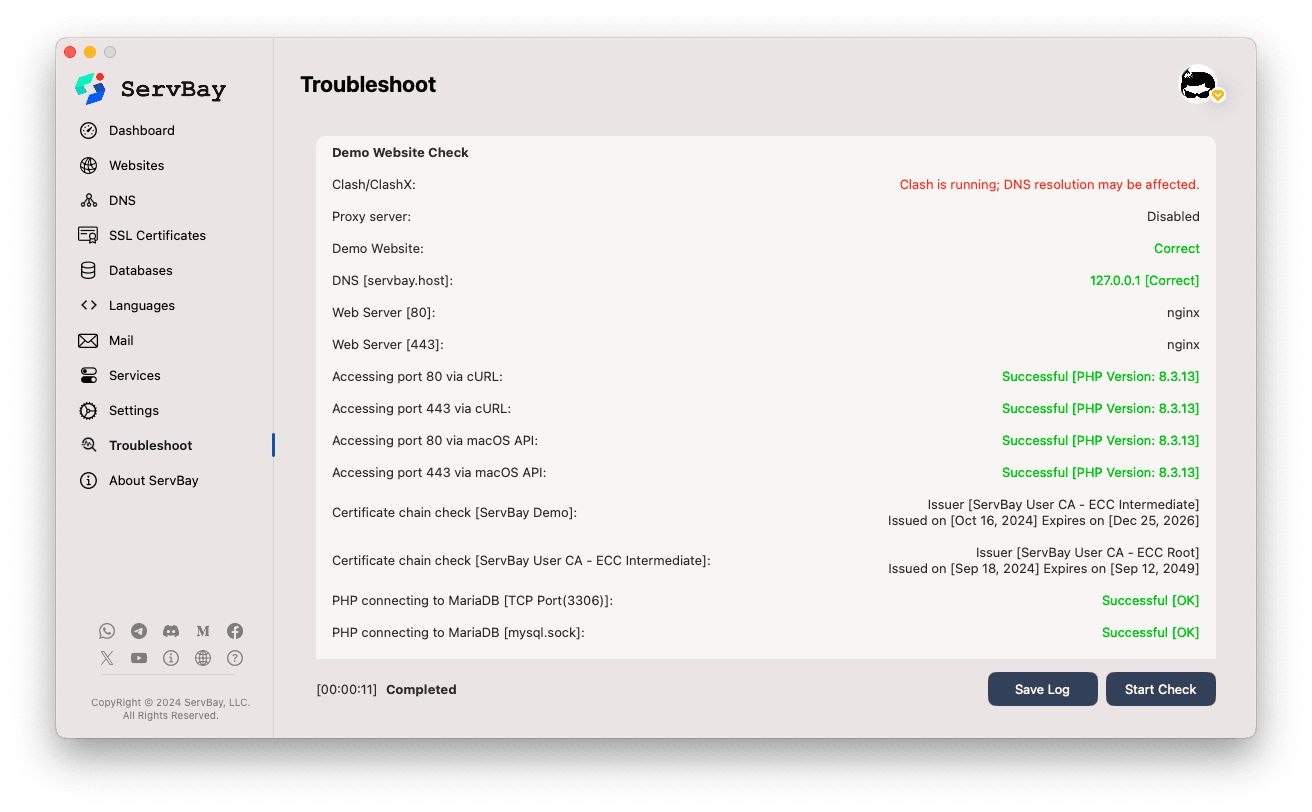 Diagnosing issues using ServBay's built-in diagnostic tool
